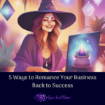 5 ways to romance your business back to success. A witch dressed in purple, sitting at a deck in her boho office, smiling brightly at her laptop as she works on a business she loves.