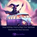 A mystical illustration of a witch driving a van in navy blue and purple hues, symbolizing alignment and business success for entrepreneurs ready to stop settling and start thriving