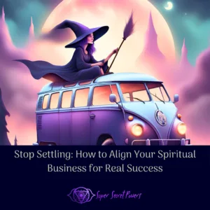 A mystical illustration of a witch driving a van in navy blue and purple hues, symbolizing alignment and business success for entrepreneurs ready to stop settling and start thriving